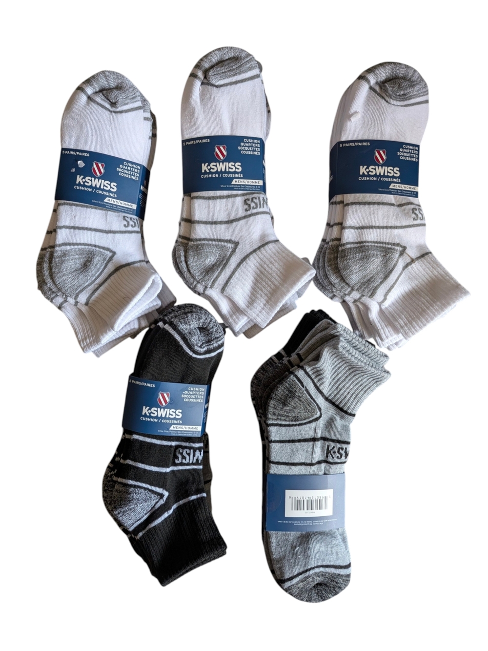 K-Swiss Men's Athletic Cushioned Low-Cut Socks - White, Black, Gray (5 Pack)